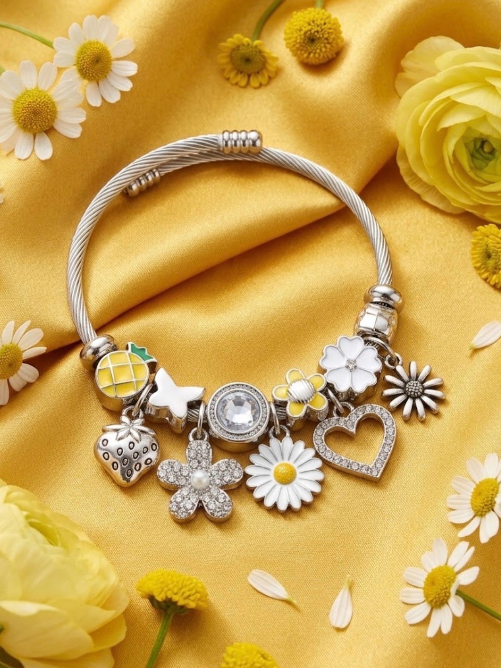 Summer Floral Charm Loaded Bracelet | Silver Bangle with Daisy & Crystal Details